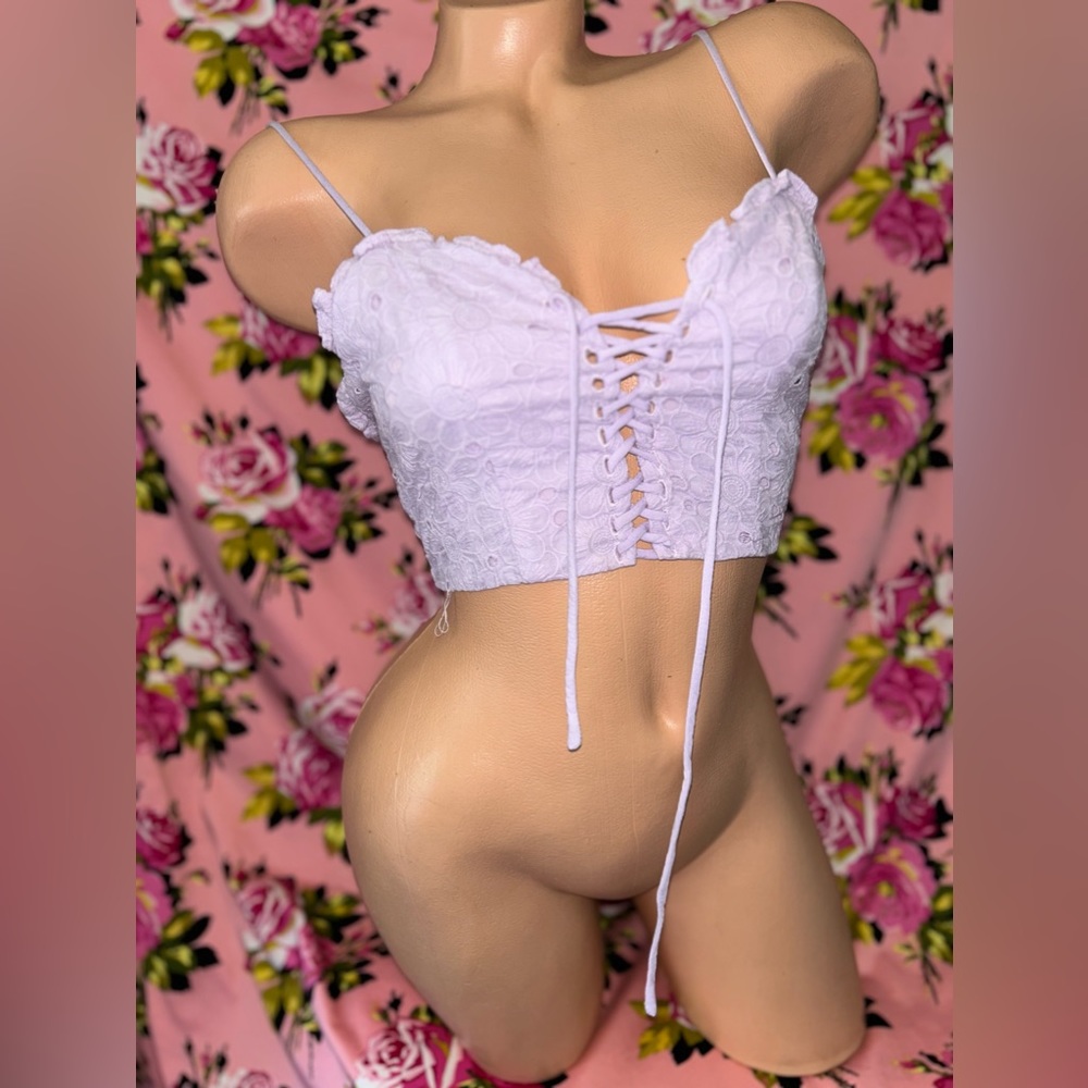 Lavender daisy eyelet print top blouse crop corset sweetheart ruffle